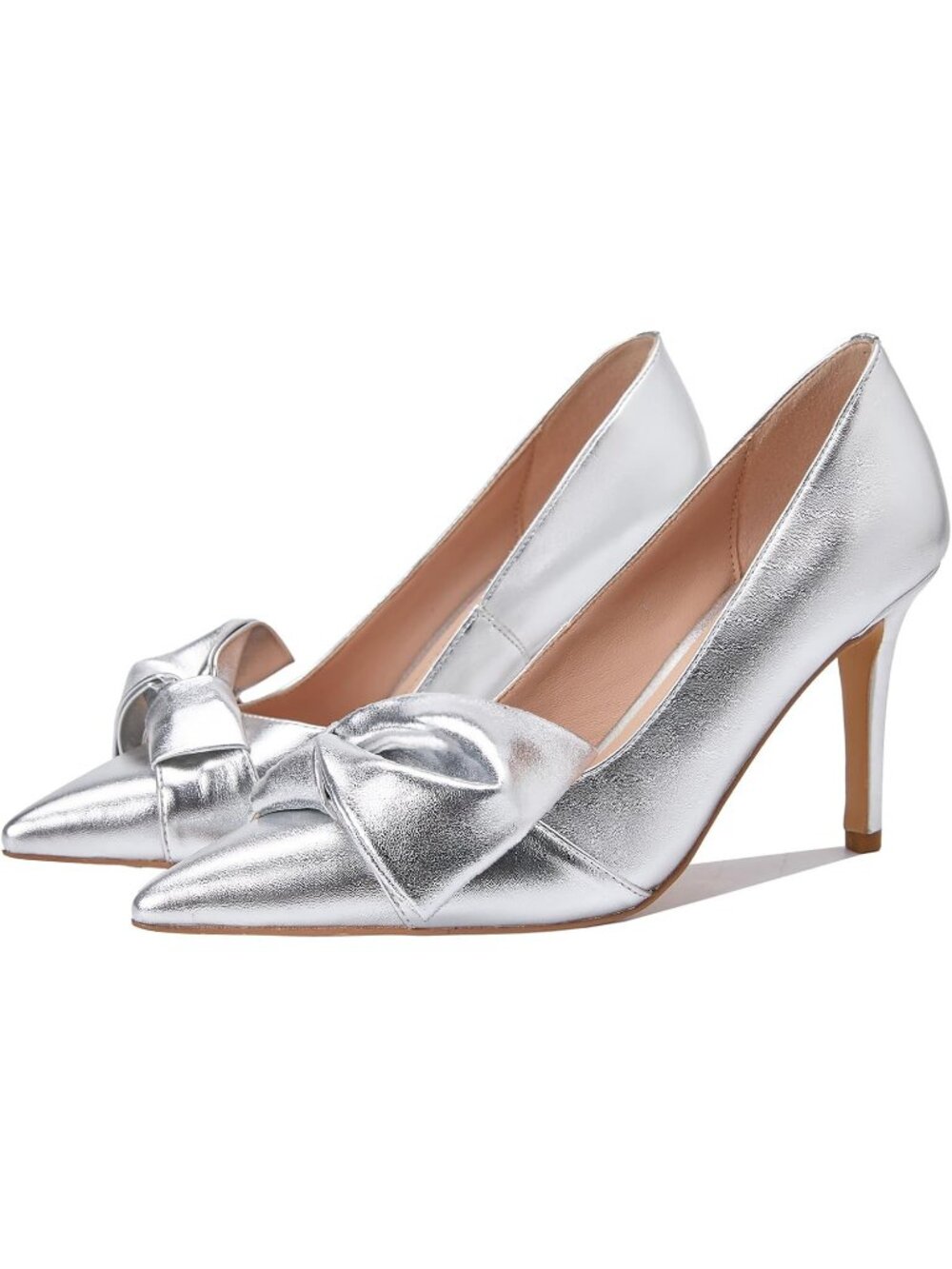 Women's Pu Sliver Bow Heels Closed Pointed Toe Pumps Slip on Wedding Dress Shoes